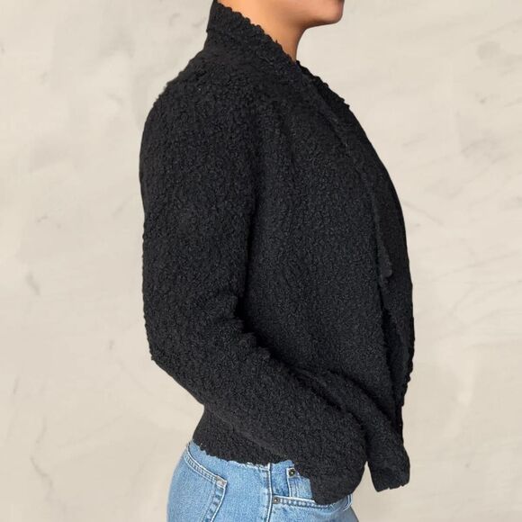 Ann Taylor LOFT Black Drapey Fleece-like Textured Open Wool Cardigan size medium - Picture 2 of 6